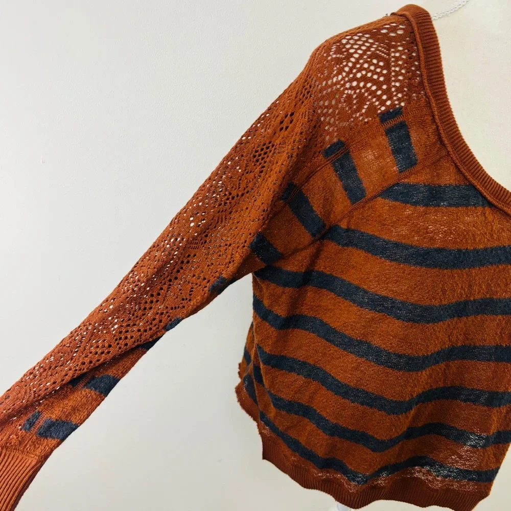 Free People We The Free Striped V-Neck Sweater Rust Brown Grey XS Open Knit Boho
